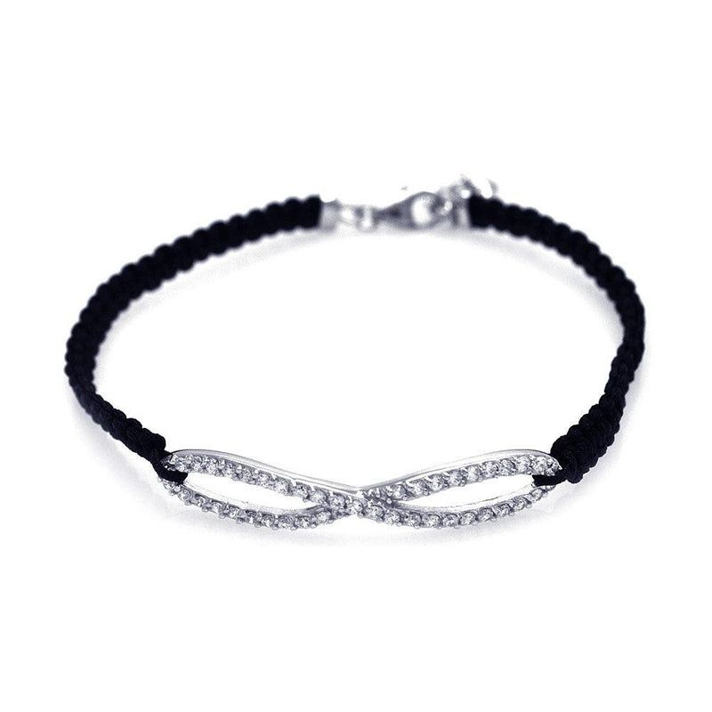 Silver 925 Rhodium Plated Infinity Clear CZ Black Cord Bracelet - STB00402 | Silver Palace Inc.