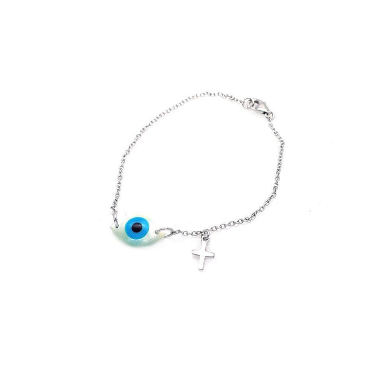 Silver 925 Rhodium Plated Evil Eye and Cross Charm Bracelet - STB00406 | Silver Palace Inc.