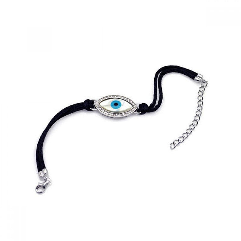Silver 925 Rhodium Plated Large Evil Eye Clear CZ Black Cord Bracelet - STB00411 | Silver Palace Inc.