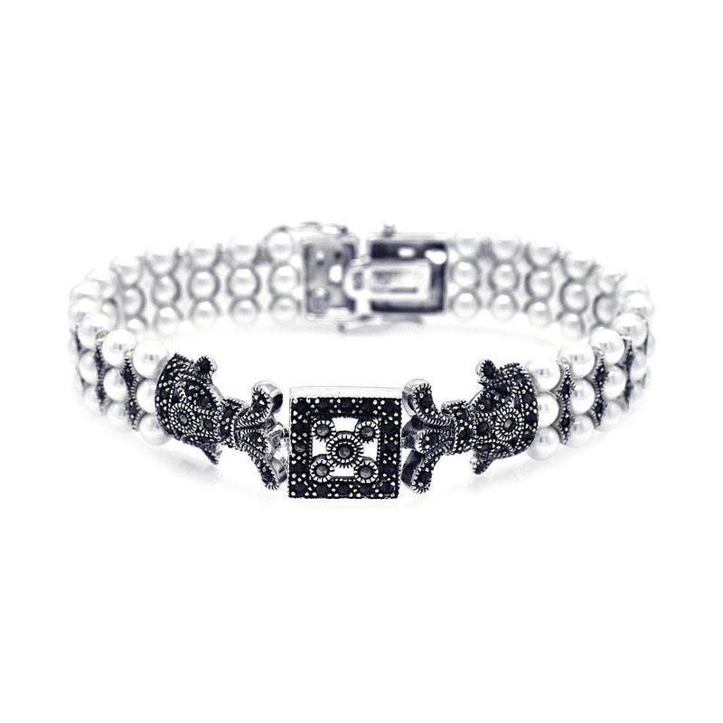Silver 925 Rhodium Plated Pearl Marcasite and Black CZ Bracelet - STB00428 | Silver Palace Inc.
