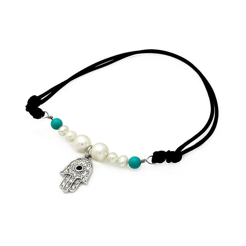 Silver 925 Rhodium Plated Pearl Turquoise Beads Hamsa Clear CZ Black Cord Bracelet - STB00491 | Silver Palace Inc.