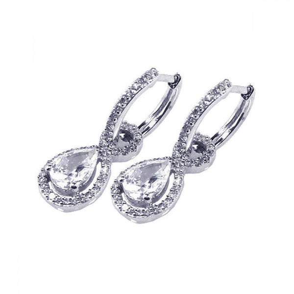 Silver 925 Rhodium Plated Micro Pave Clear Teardrop CZ Dangling huggie hoop Earrings - ACE00030 | Silver Palace Inc.