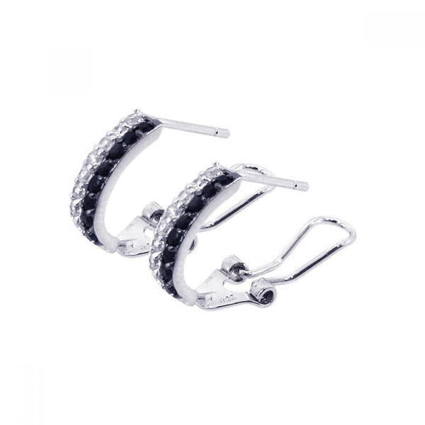 Silver 925 Rhodium Plated Black and Clear Crescent CZ Hoop Earrings - BGE00045 | Silver Palace Inc.