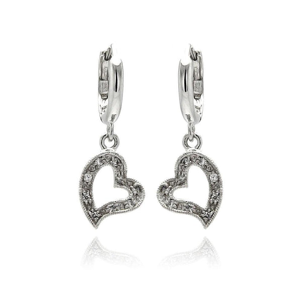 Silver 925 Rhodium Plated Open Heart Clear CZ Dangling huggie hoop Earrings - BGE00064 | Silver Palace Inc.