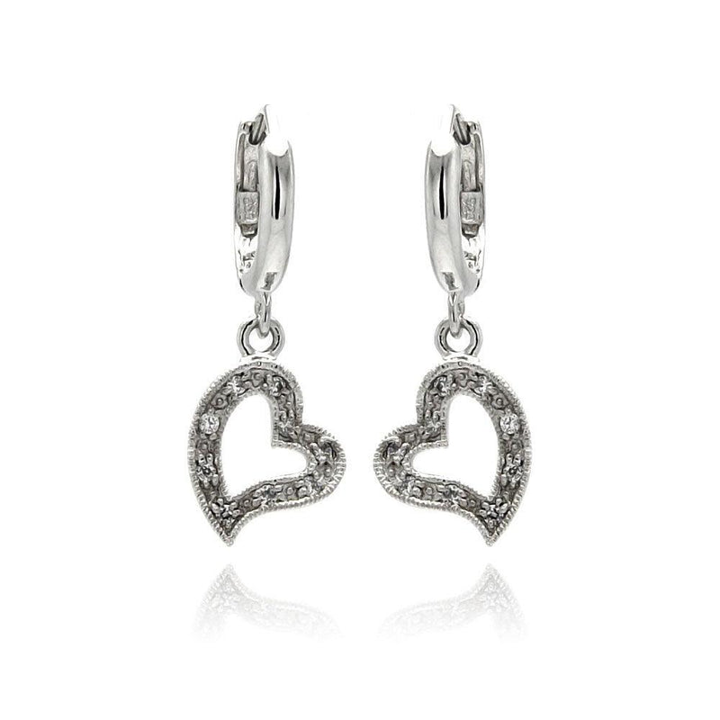 Silver 925 Rhodium Plated Open Heart Clear CZ Dangling huggie hoop Earrings - BGE00064 | Silver Palace Inc.