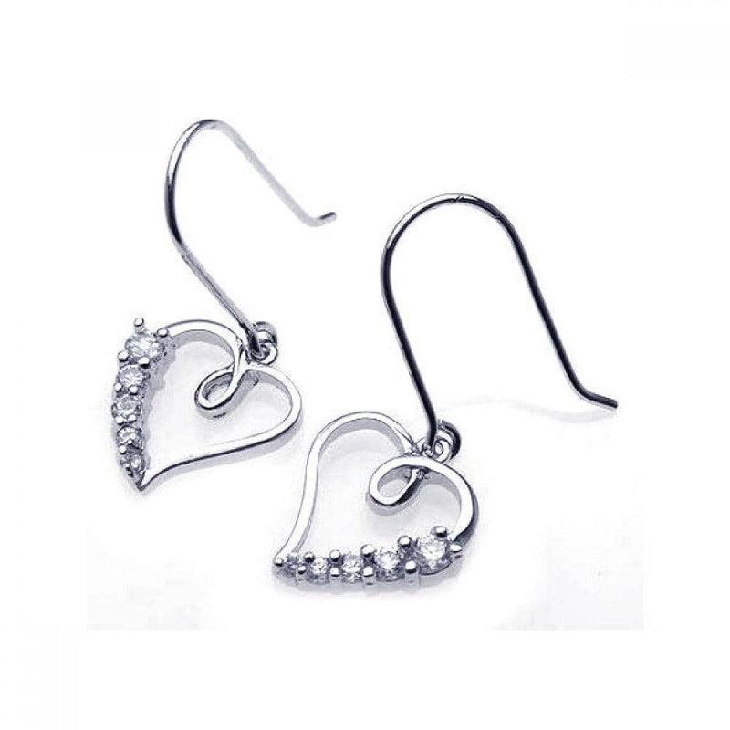 Silver 925 Rhodium Plated Open Heart CZ Dangling Hook Earrings - BGE00086 | Silver Palace Inc.