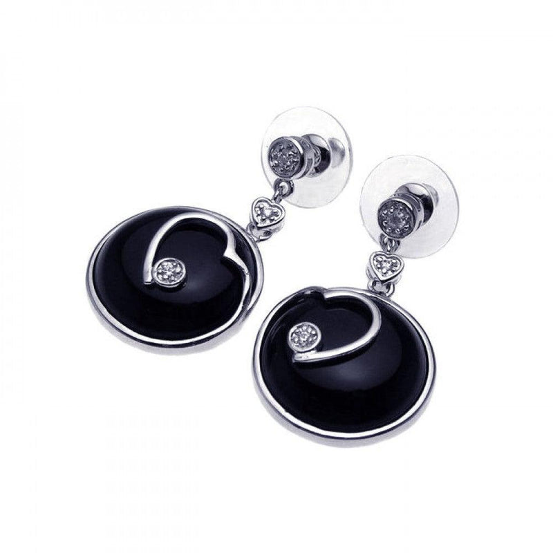 Closeout-Silver 925 Rhodium Plated Heart Black Onyx CZ Dangling Earrings - BGE00092 | Silver Palace Inc.