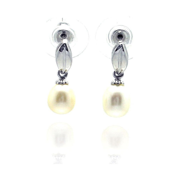 Silver 925 Rhodium Plated Leaf Marquise Fresh Water Pearl Dangling Stud Earrings - BGE00112 | Silver Palace Inc.