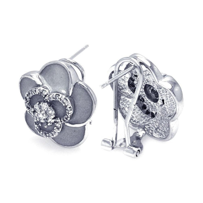 Closeout-Silver 925 Rhodium Plated Flower CZ Stud Earrings - BGE00121 | Silver Palace Inc.