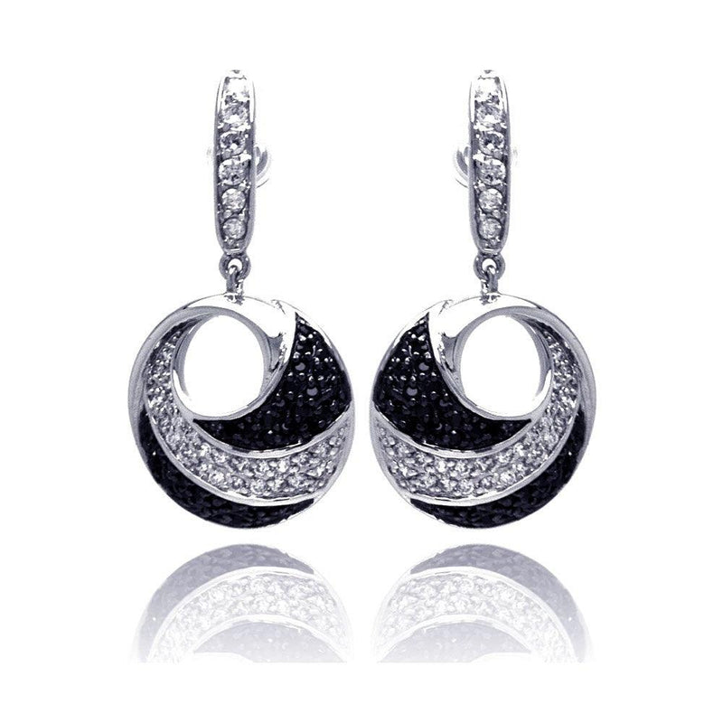 Closeout-Silver 925 Black and Silver Rhodium Plated Open Circle Black and Clear CZ Earrings - BGE00128 | Silver Palace Inc.