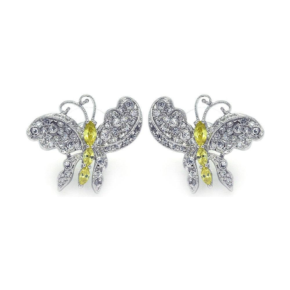 Closeout-Silver 925 Rhodium Plated Yellow CZ Butterfly Stud Earrings - BGE00132 | Silver Palace Inc.