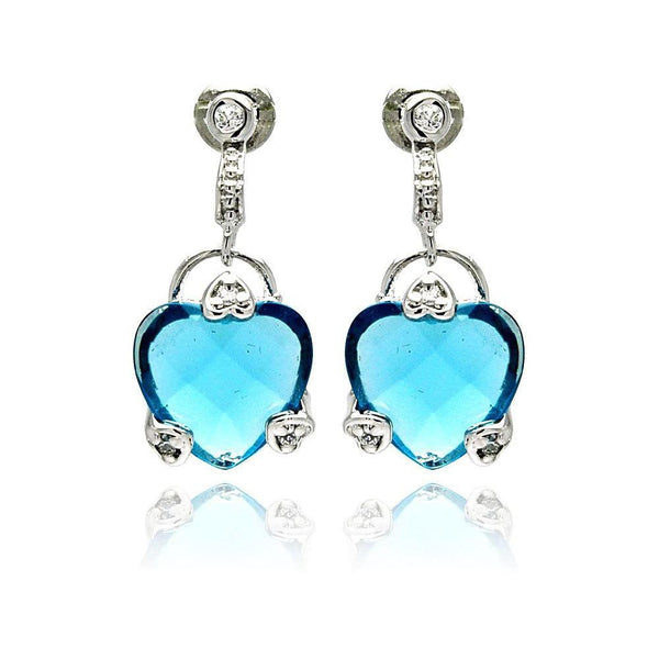 Silver 925 Rhodium Plated Blue Heart CZ Dangling Earrings - BGE00191 | Silver Palace Inc.