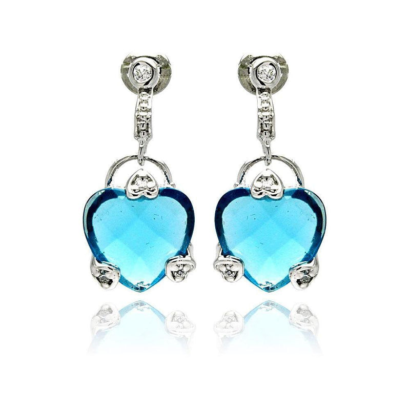 Silver 925 Rhodium Plated Blue Heart CZ Dangling Earrings - BGE00191 | Silver Palace Inc.