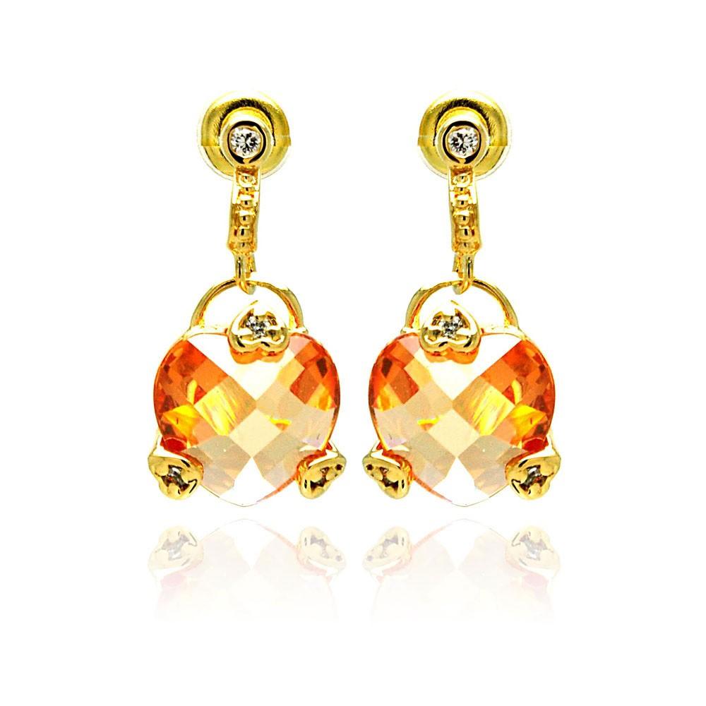 Silver 925 Gold Rhodium Plated Heart Champagne CZ Dangling Stud Earrings - BGE00192 | Silver Palace Inc.