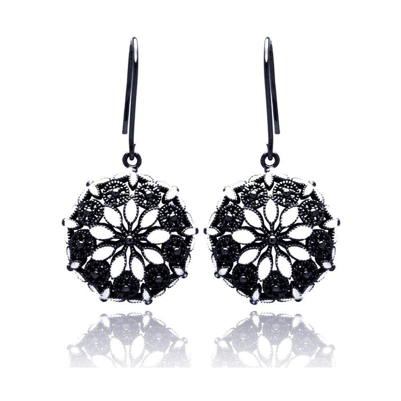 Closeout-Silver 925 Black Rhodium Plated Round Marquis Clear CZ Dangling Hook Earrings - BGE00193 | Silver Palace Inc.