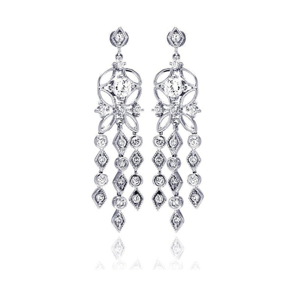 Silver 925 Rhodium Plated Star Round Marquis CZ Three Strand Dangling Stud Chandelier Earrings - BGE00194 | Silver Palace Inc.