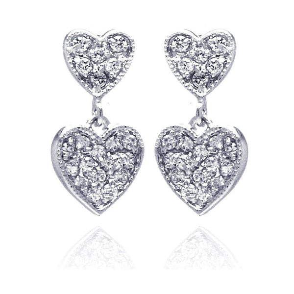 Silver 925 Rhodium Plated Graduated Two Heart CZ Inlay Dangling Stud Earrings - BGE00200 | Silver Palace Inc.