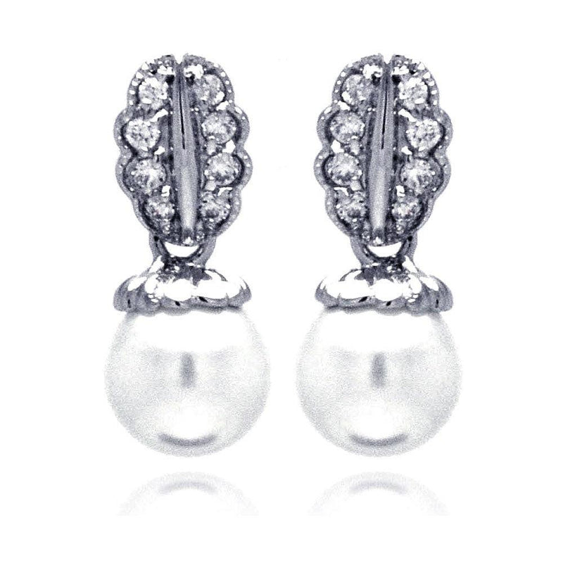 Silver 925 Rhodium Plated Curvy Leaf CZ Synthetic Pearl Dangling Stud Earrings - BGE00206 | Silver Palace Inc.
