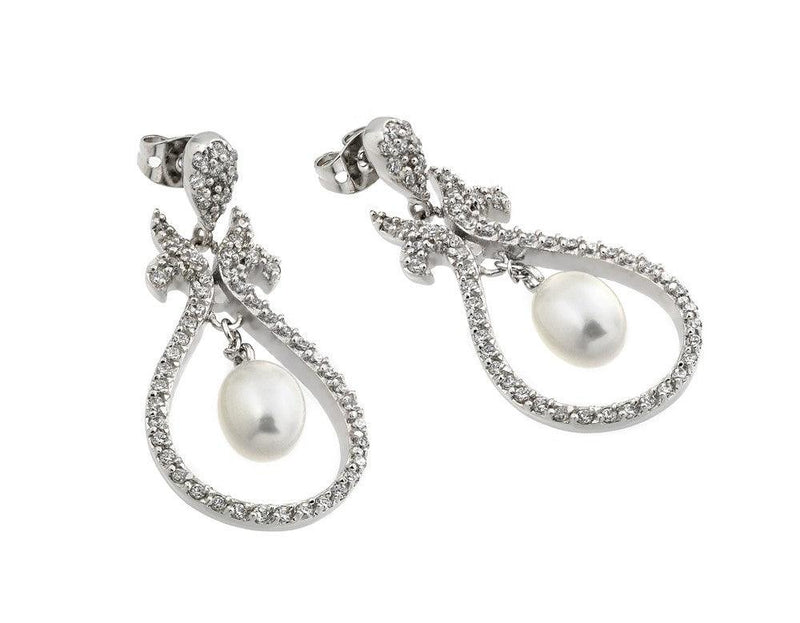 Silver 925 Rhodium Plated Teardrop CZ Fresh Water Pearl Dangling Earrings - BGE00288 | Silver Palace Inc.