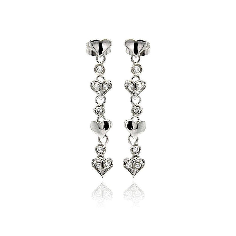Silver 925 Rhodium Plated Multiple Heart Round CZ Dangling Stud Earrings - BGE00247 | Silver Palace Inc.