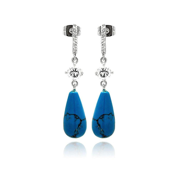 Silver 925 Rhodium Plated Micro Pave CZ Teardrop Turquoise Dangling Stud Earrings - BGE00258 | Silver Palace Inc.