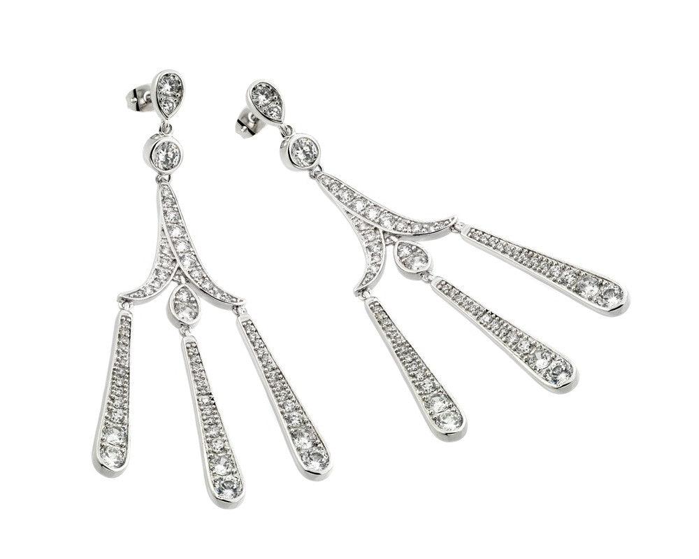 Silver 925 Rhodium Plated Three Strand Chandelier CZ Dangling Stud Earrings - BGE00259 | Silver Palace Inc.