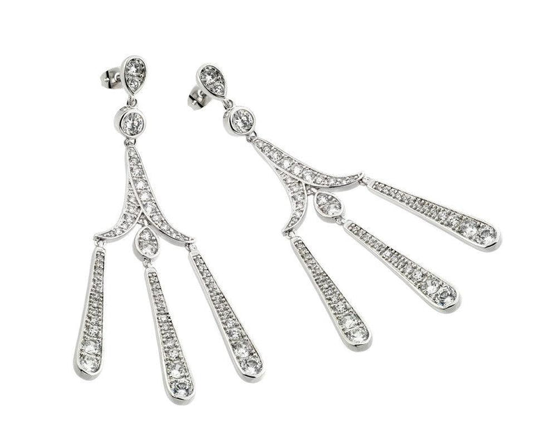 Silver 925 Rhodium Plated Three Strand Chandelier CZ Dangling Stud Earrings - BGE00259 | Silver Palace Inc.
