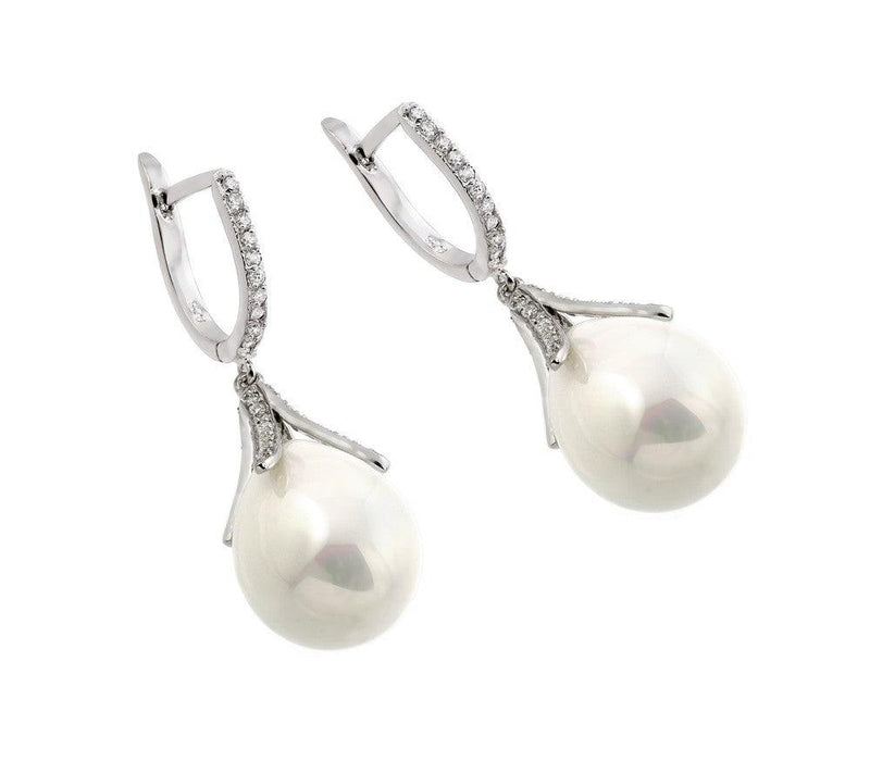 Silver 925 Rhodium Plated Channel CZ Synthetic Pearl Lever Back Earrings - BGE00261 | Silver Palace Inc.