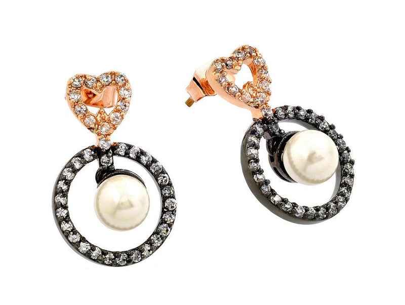 Closeout-Silver 925 Rose Gold and Black Rhodium Plated Heart CZ Dangling Pearl Earrings - BGE00286 | Silver Palace Inc.