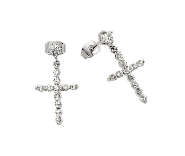 Silver 925 Rhodium Plated Cross CZ Dangling Earrings - BGE00290 | Silver Palace Inc.