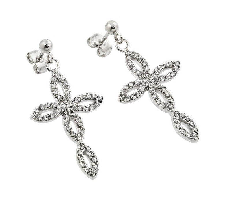 Silver 925 Rhodium Plated Open Marquis Cross CZ Dangling Earrings - BGE00291 | Silver Palace Inc.