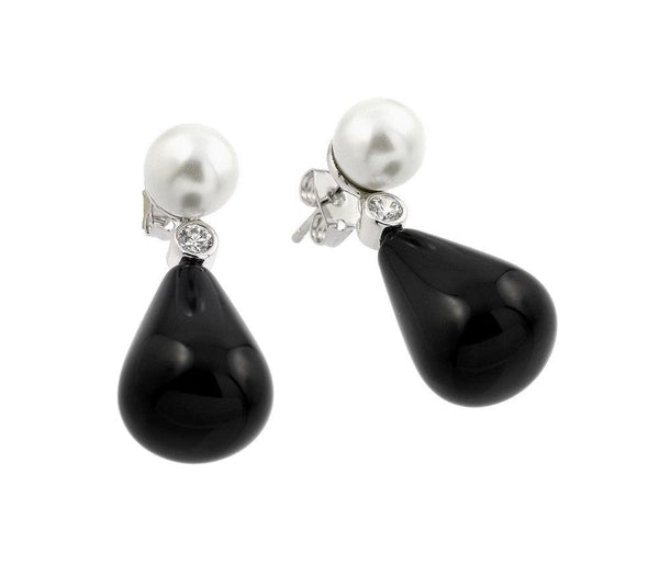 Silver 925 Rhodium Plated Black Synthetic Pearl Small Round CZ Stud Earrings - BGE00346 | Silver Palace Inc.