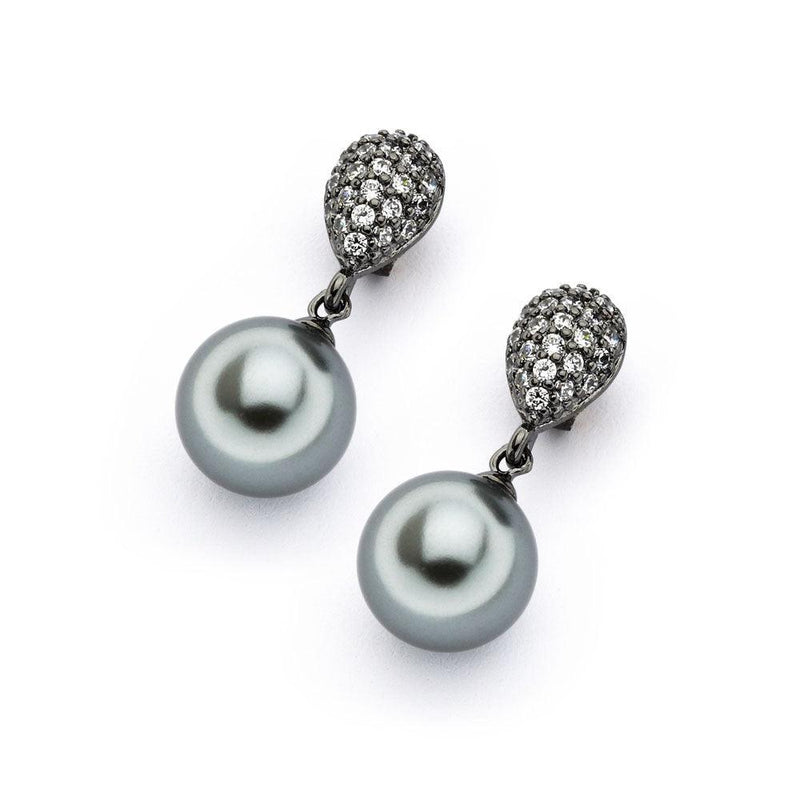 Silver 925 Black Rhodium Plated CZ Synthetic Black Pearl Dangling Earrings - BGE00356 | Silver Palace Inc.