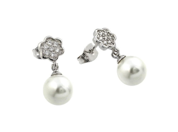 Silver 925 Rhodium Plated Flower CZ Inlay Dangling Pearl Stud Earrings - BGE00357 | Silver Palace Inc.