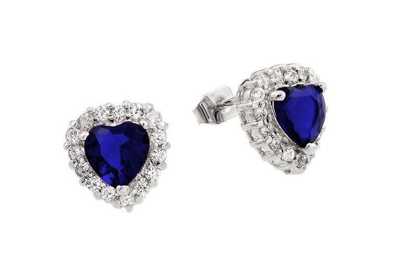 Silver 925 Rhodium Plated Blue and Clear Heart CZ Stud Earrings - BGE00367B | Silver Palace Inc.