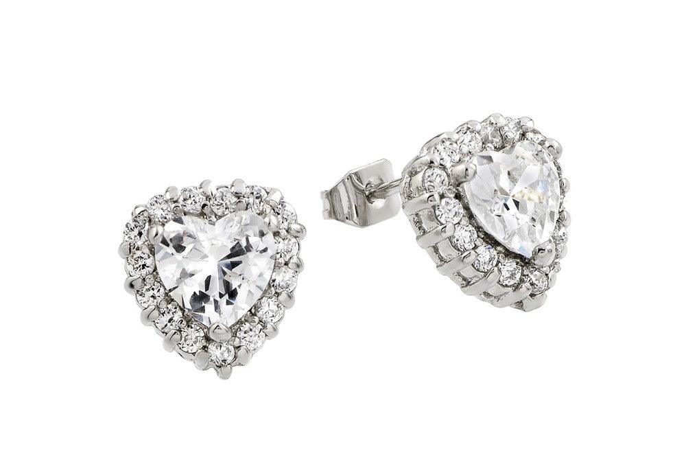 Silver 925 Rhodium Plated Clear Heart CZ Stud Earrings