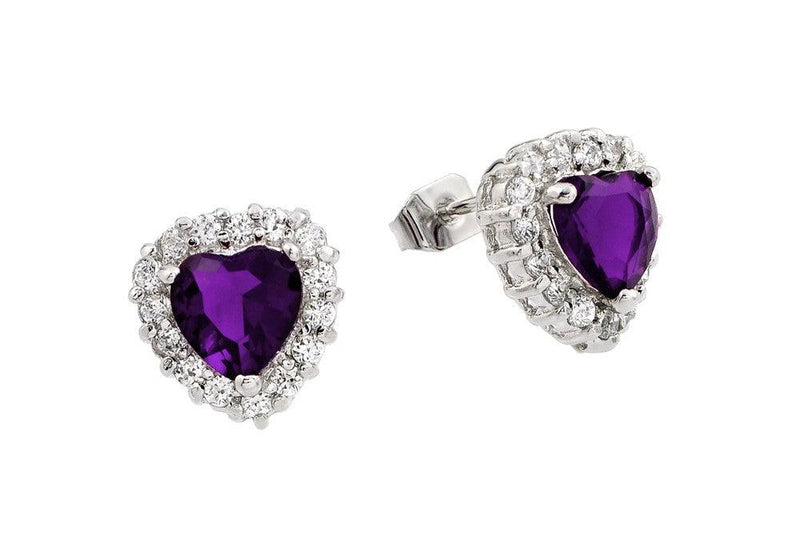 Silver 925 Rhodium Plated Purple Heart CZ Stud Earrings - BGE00367P | Silver Palace Inc.