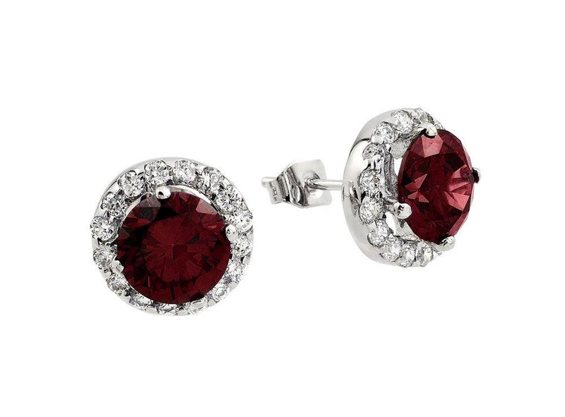 Silver 925 Rhodium Plated Round Red CZ Stud Earrings - BGE00368R | Silver Palace Inc.