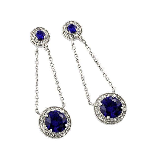 Silver 925 Rhodium Plated Round Blue CZ Wire Dangling Stud Earrings - BGE00373 | Silver Palace Inc.
