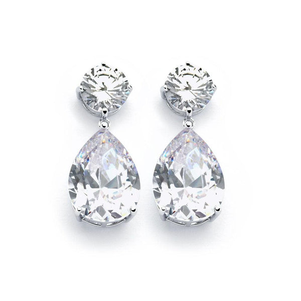 Silver 925 Rhodium Plated Round Teardrop Clear CZ Dangling Earrings - BGE00858CLR | Silver Palace Inc.