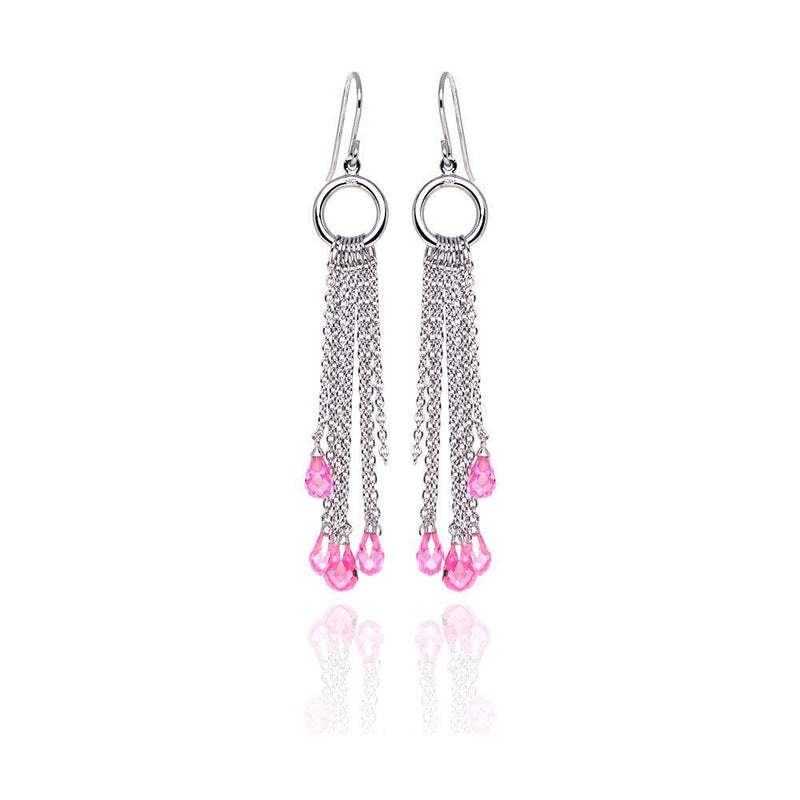 Closeout-Silver 925 Rhodium Plated Pink Tear Drop CZ Multi Wire Dangling Hook Earrings - STE00072 | Silver Palace Inc.