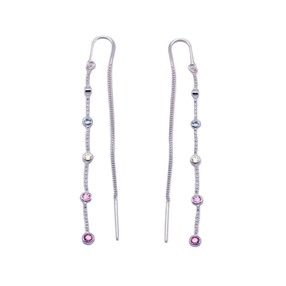 Silver 925 Rhodium Plated Multicolor CZ Single Strand Dangling Hook Earrings - STE00084 | Silver Palace Inc.