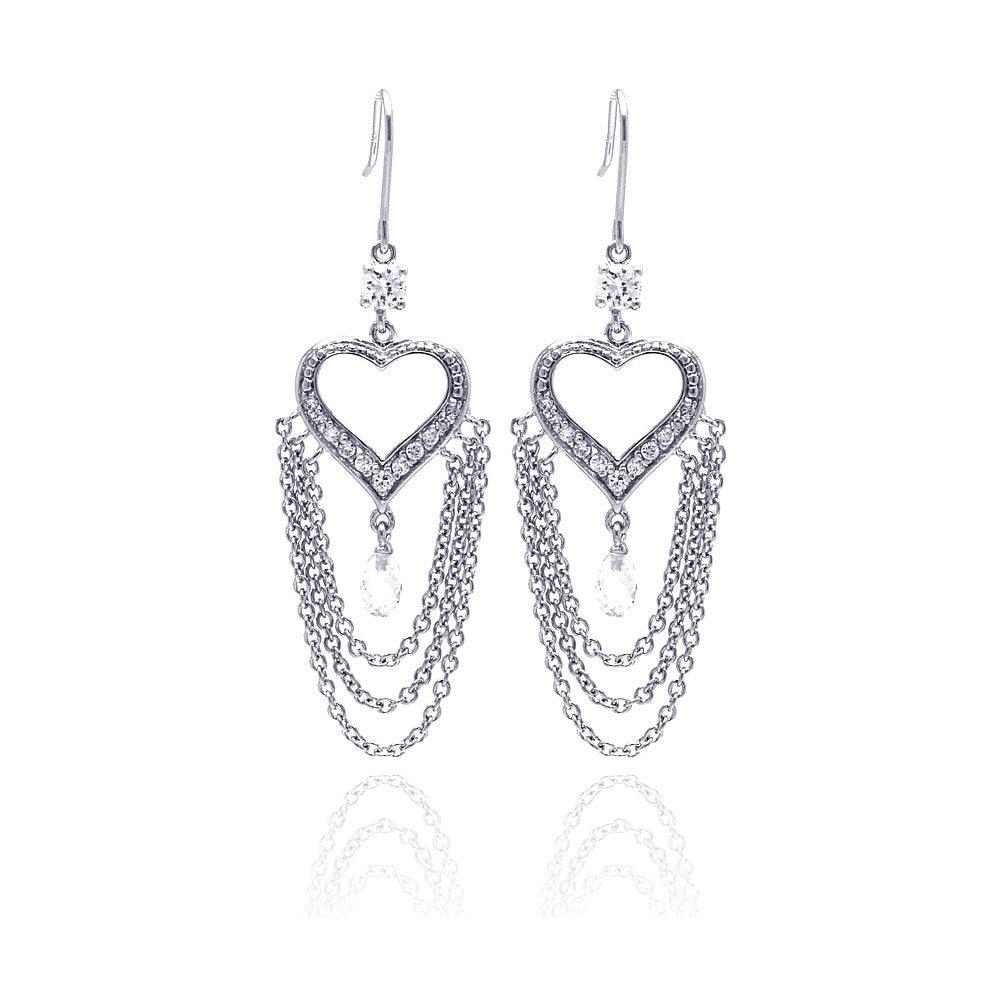 Closeout-Silver 925 Rhodium Plated Heart Shape Chandelier CZ Wire Dangling Hook Earrings - STE00096 | Silver Palace Inc.