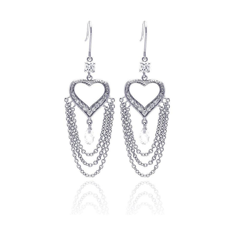 Closeout-Silver 925 Rhodium Plated Heart Shape Chandelier CZ Wire Dangling Hook Earrings - STE00096 | Silver Palace Inc.