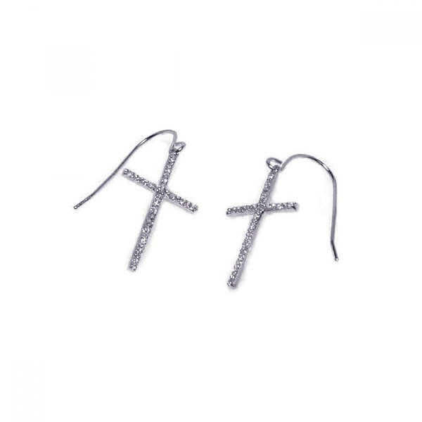 Silver 925 Rhodium Plated Cross CZ Dangling Hook Earrings - STE00107 | Silver Palace Inc.