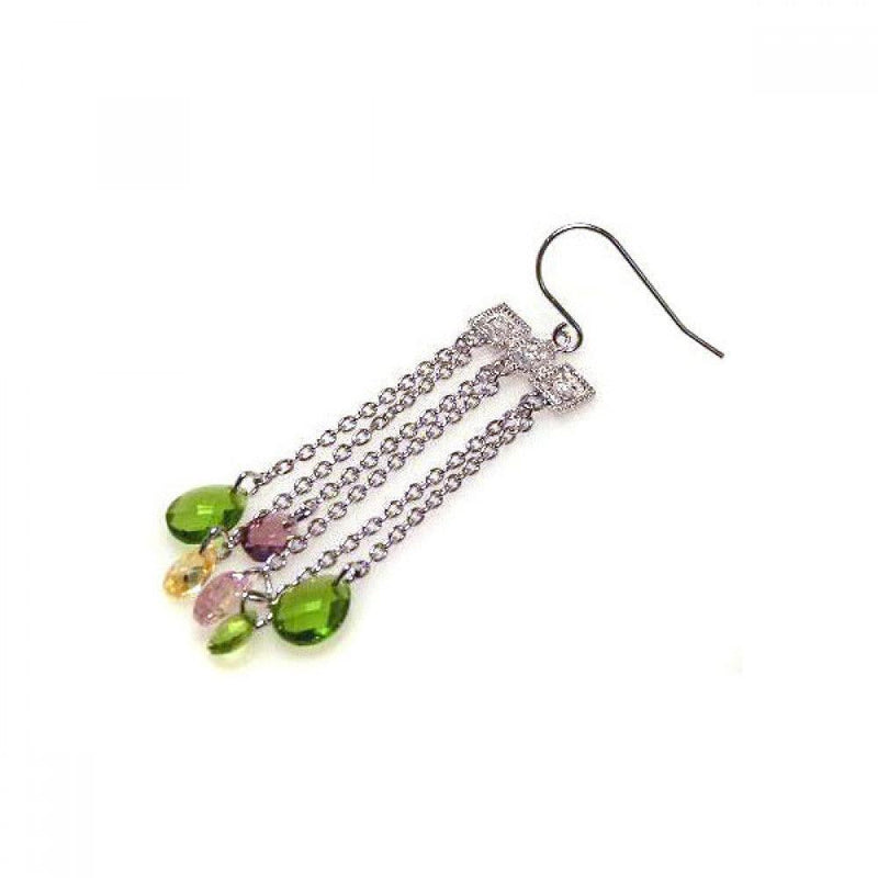 Closeout-Silver 925 Rhodium Plated Multicolor CZ Wire Dangling Hook Earrings - STE00142 | Silver Palace Inc.