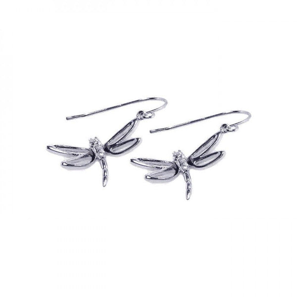 Silver 925 Rhodium Plated Dragonfly CZ Hook Earrings - STE00223 | Silver Palace Inc.