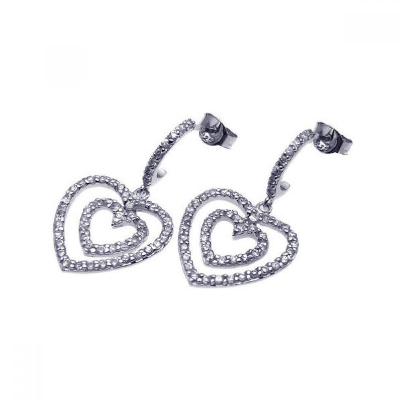 Closeout-Silver 925 Rhodium Plated Graduated Two Heart CZ Dangling Semi-Hoop Earrings - STE00486 | Silver Palace Inc.