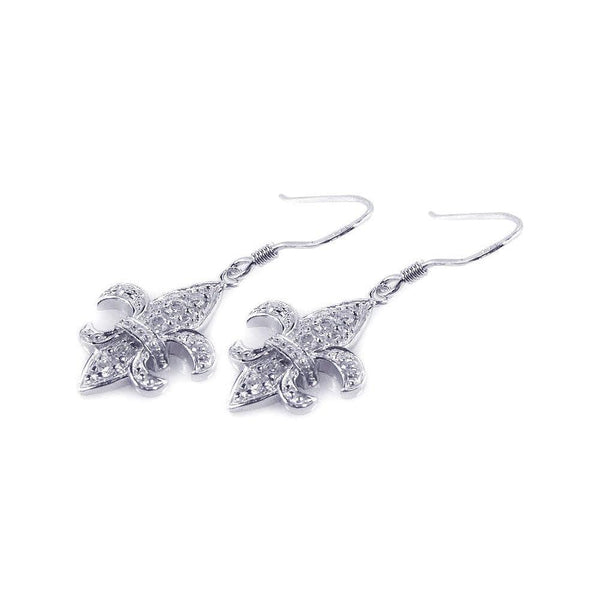 Silver 925 Rhodium Plated Fleur De Lis CZ Hook Dangling Earrings - STE00528 | Silver Palace Inc.