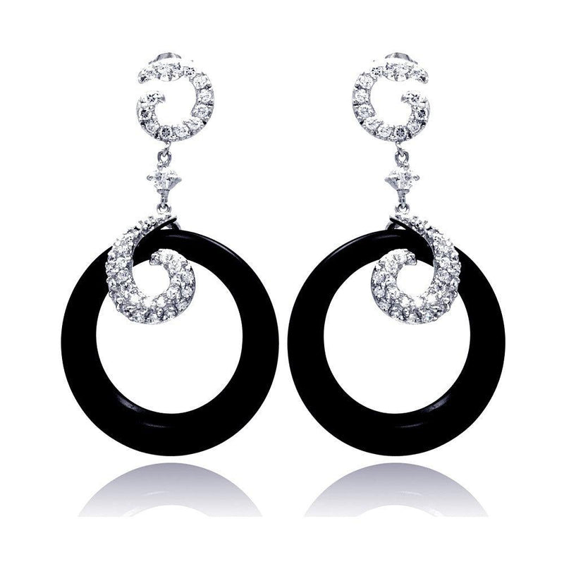 Closeout-Silver 925 Rhodium Plated Coil J hook CZ Black Round Onyx Dangling Stud Earrings - STE00530 | Silver Palace Inc.